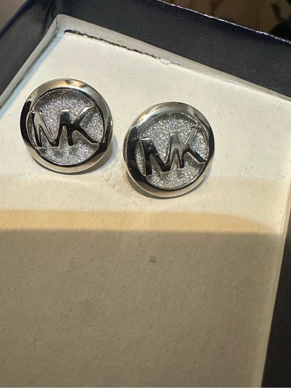 Michael Kors Silver Glitter MK Logo Stud Earrings